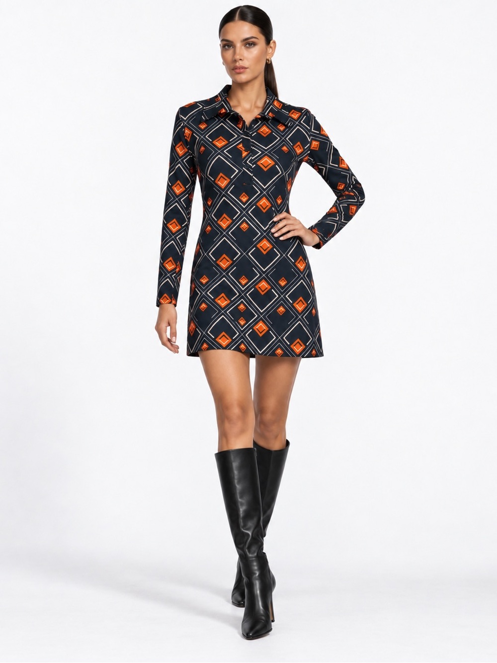 Zara Retro 70s Mod Geometric Collared Mini Shirt Dress Long Sleeve Navy Orange M